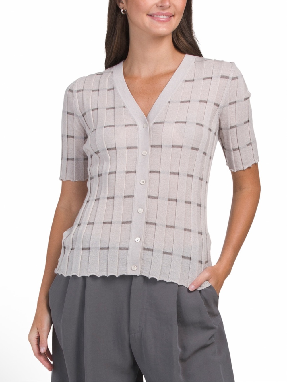 NWT ⚜️ LAFAYETTE 148 NEW YORK Beige Button Cardigan Top Cashmere Silk size S